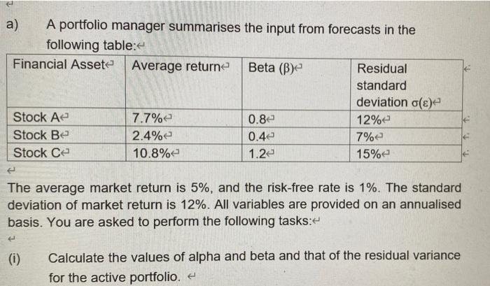  a) A portfolio manager summarises the input from forecasts in the