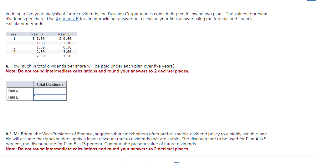  In doing a five-year analysis of future dividends, the Dawson Corporation