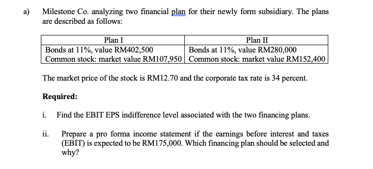 a) Milestone Co. analyzing two financial plan for their newly form