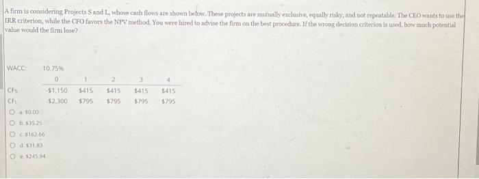  A firm is considering Projects S and L, whose cash flows