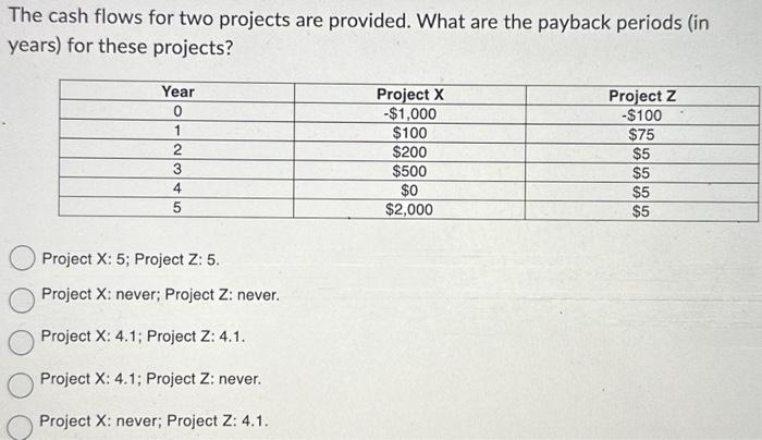  The cash flows for two projects are provided. What are the