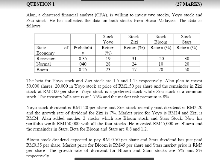  a. Calculate expected return and standard deviation for these FOUR (4)