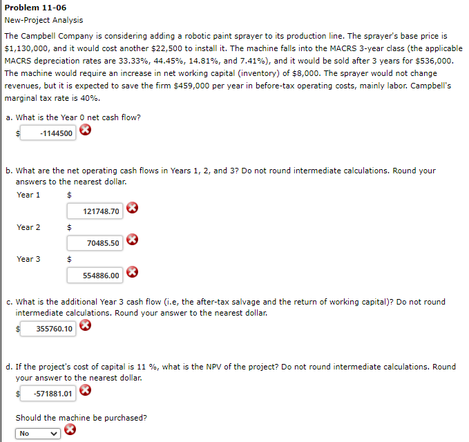 Problem 11-06 New-Project Analysis The Campbell Company is considering adding a robotic