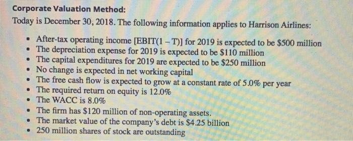 the company's stock price today? Corporate Valuation Method: Today is December 30,