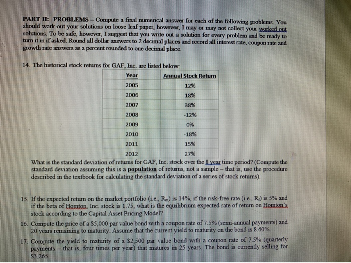  PART II: PROBLEMS - Compute a final numerical answer for each