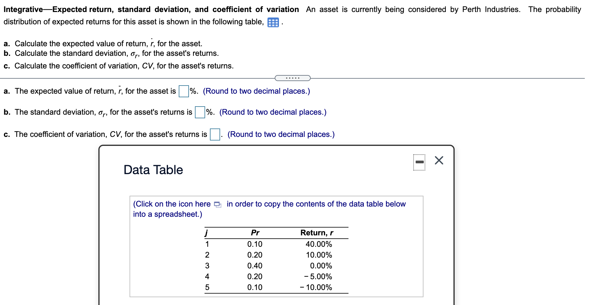  Integrative-Expected return, standard deviation, and coefficient of variation An asset is