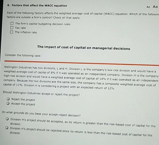  Aa Aa 8. Factors that affect the WACC equation Each of