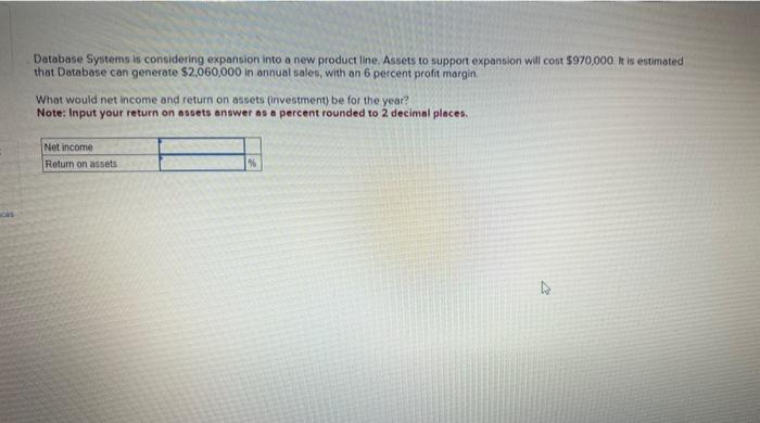  Database Systems is considering expansion into a new product line. Assets