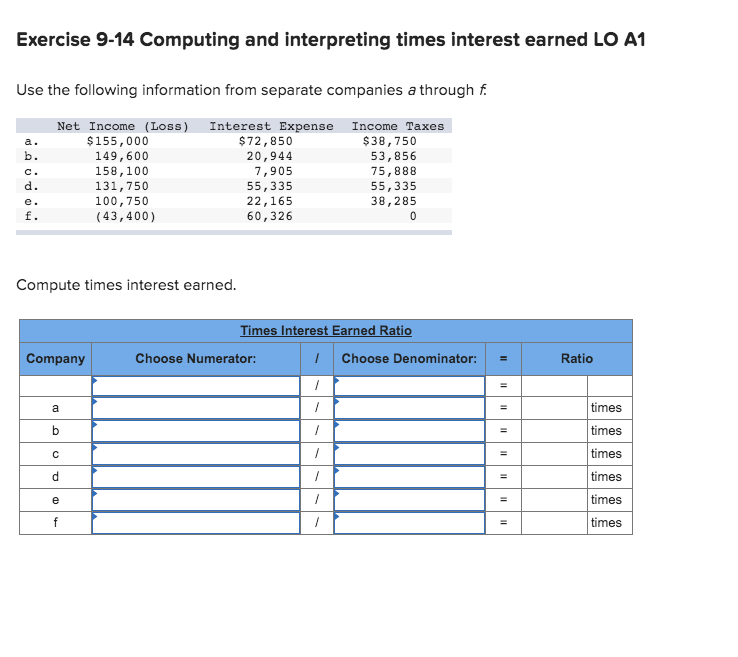  Exercise 9-14 Computing and interpreting times interest earned LO A1 Use