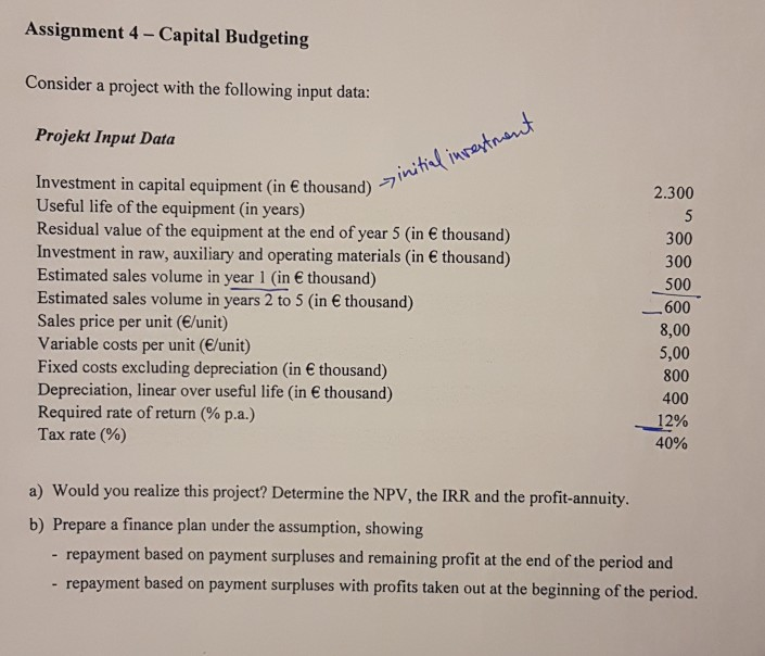 following input data: Projekt Input Data Investment in capital equipment (in thousand)initi