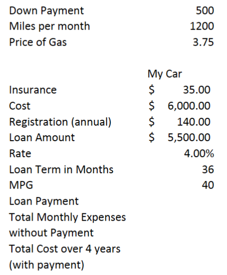 #4 \begin{tabular}{lrr} Down Payment & & 500 \\ Miles per month &
