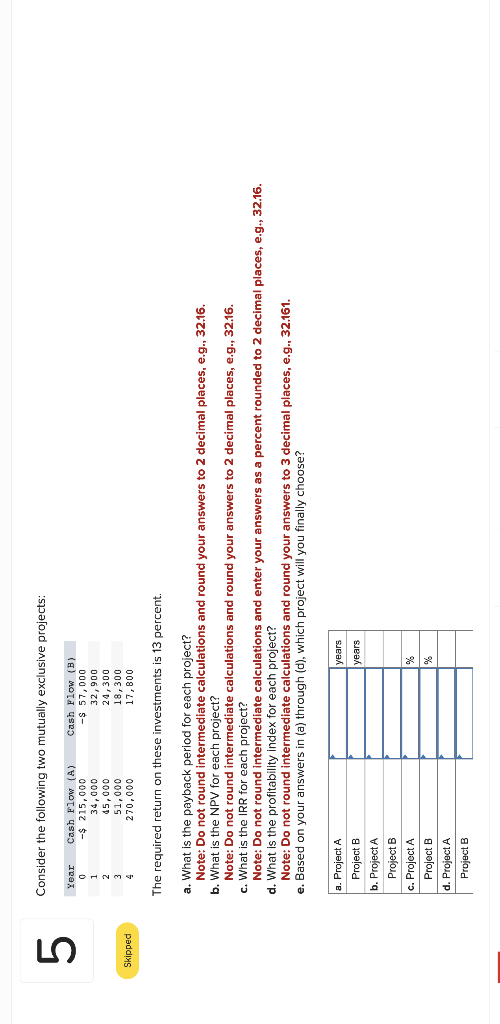 Consider the following two mutually exclusive projects: The required return on