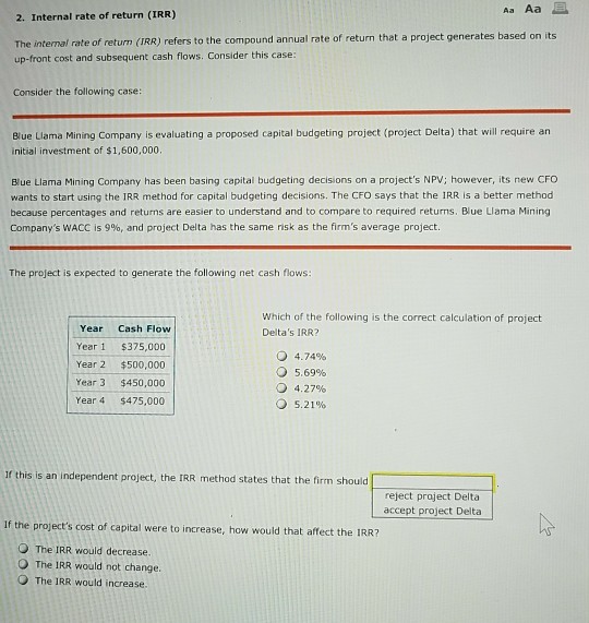  Aa Aa E 2. Internal rate of return (IRR) The internal