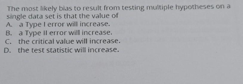  The most likely bias to result from testing multiple hypotheses on