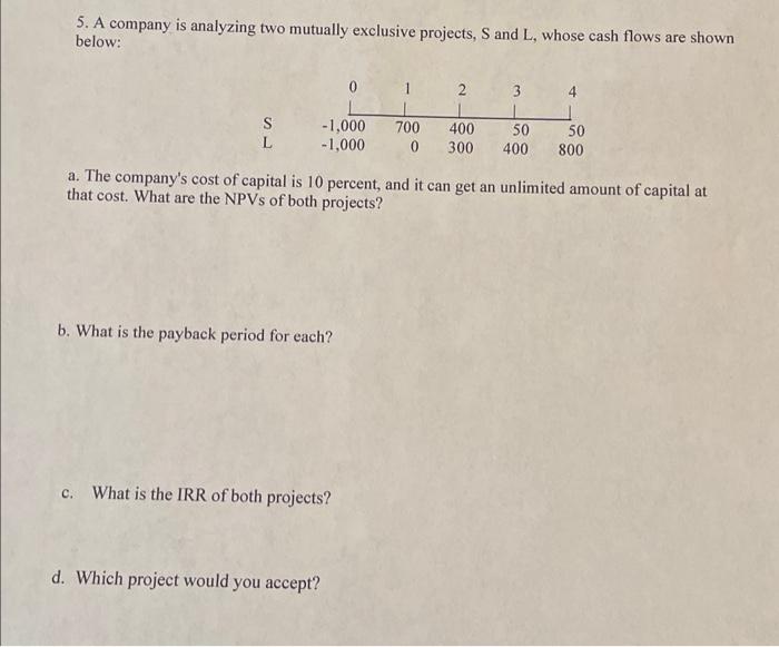  5. A company is analyzing two mutually exclusive projects, S and