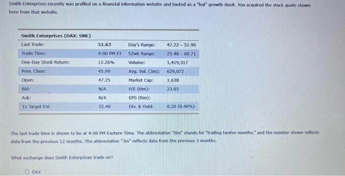  Please answer correctly Simith Enterprises recenthy was profiled on a financial