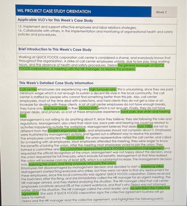  WIL PROJECT CASE STUDY ORIENTATION Week 2 Applicable VLO's for This