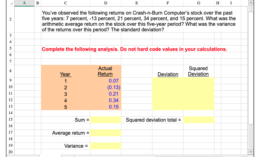 Calculate the arithmetic average return, the variance, and the standard deviation. The