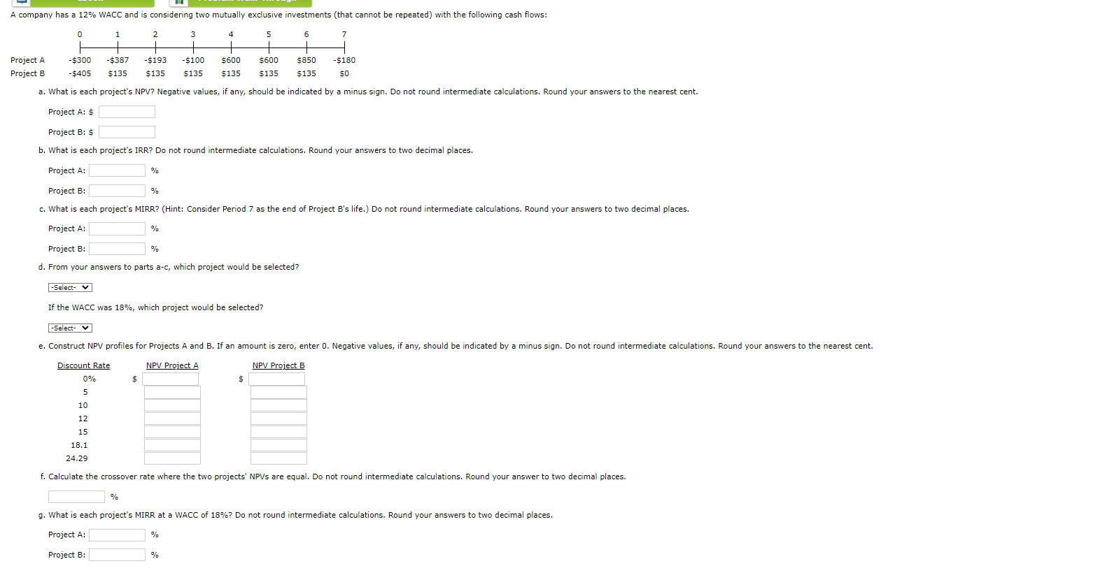  f. Calculate the crossover rate where the two projects' NPVs are