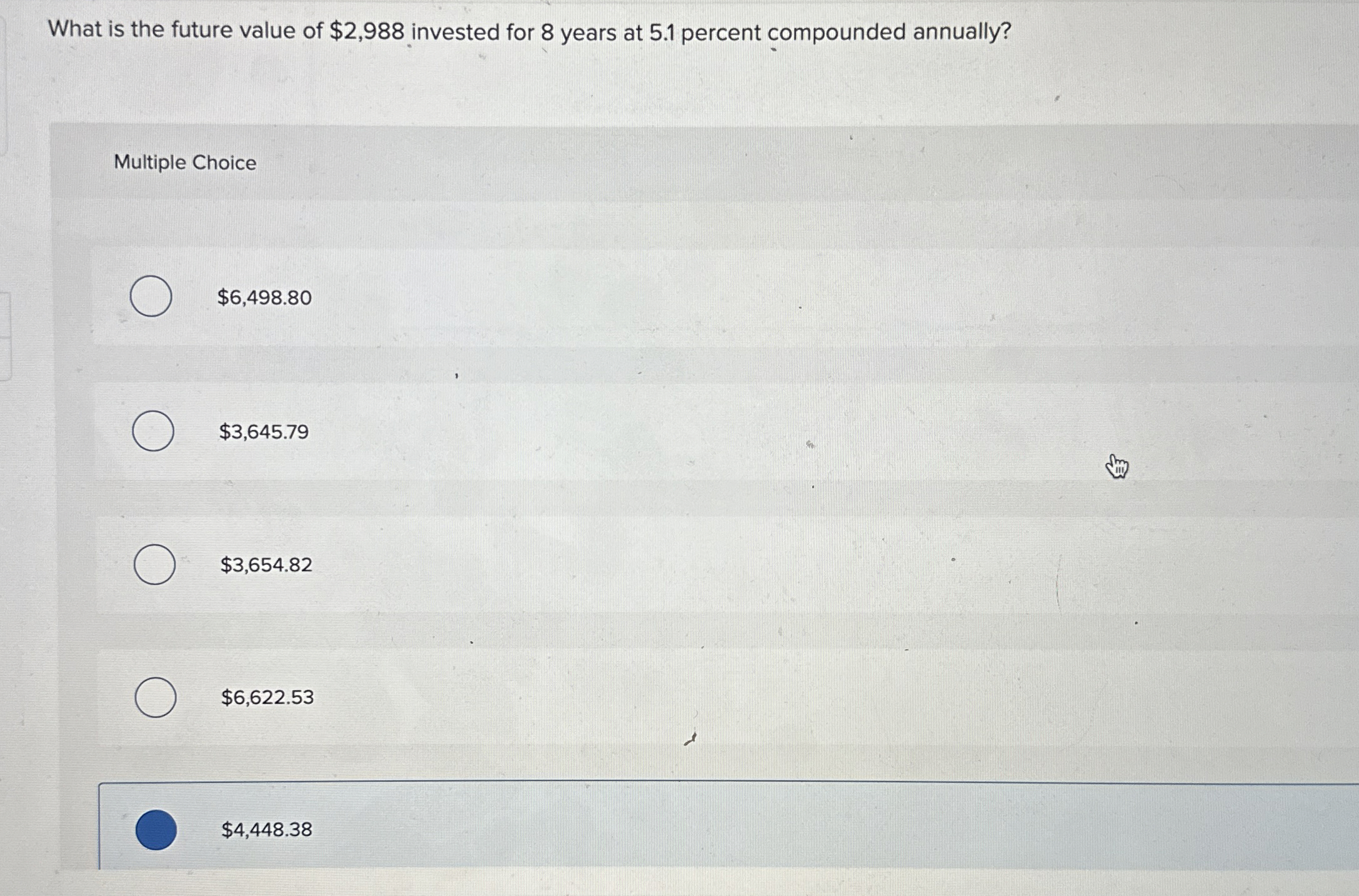  What is the future value of $2,988 invested for 8 years