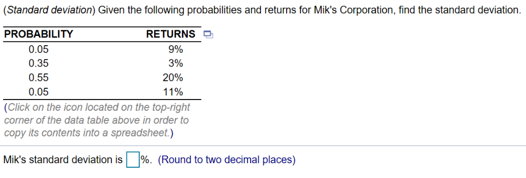 (Standard deviation) Given the following probabilities and returns for Mik's Corporation,