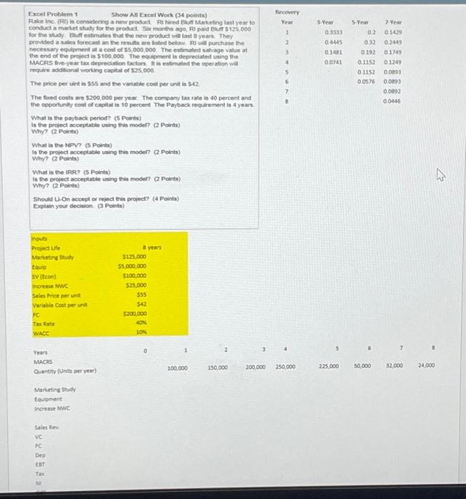 Excel Problem 1 Show AE Excel Work (34 points) condict a