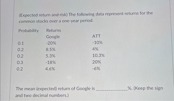 please help asap! with complete answer! (Expected return and risk) The following