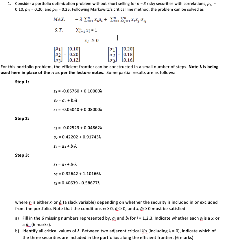  1. Consider a portfolio optimization problem without short selling for n-3