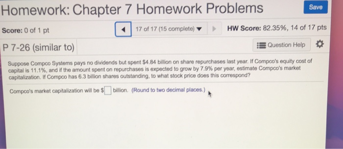  Save Homework: Chapter 7 Homework Problems Score: 0 of 1 pt