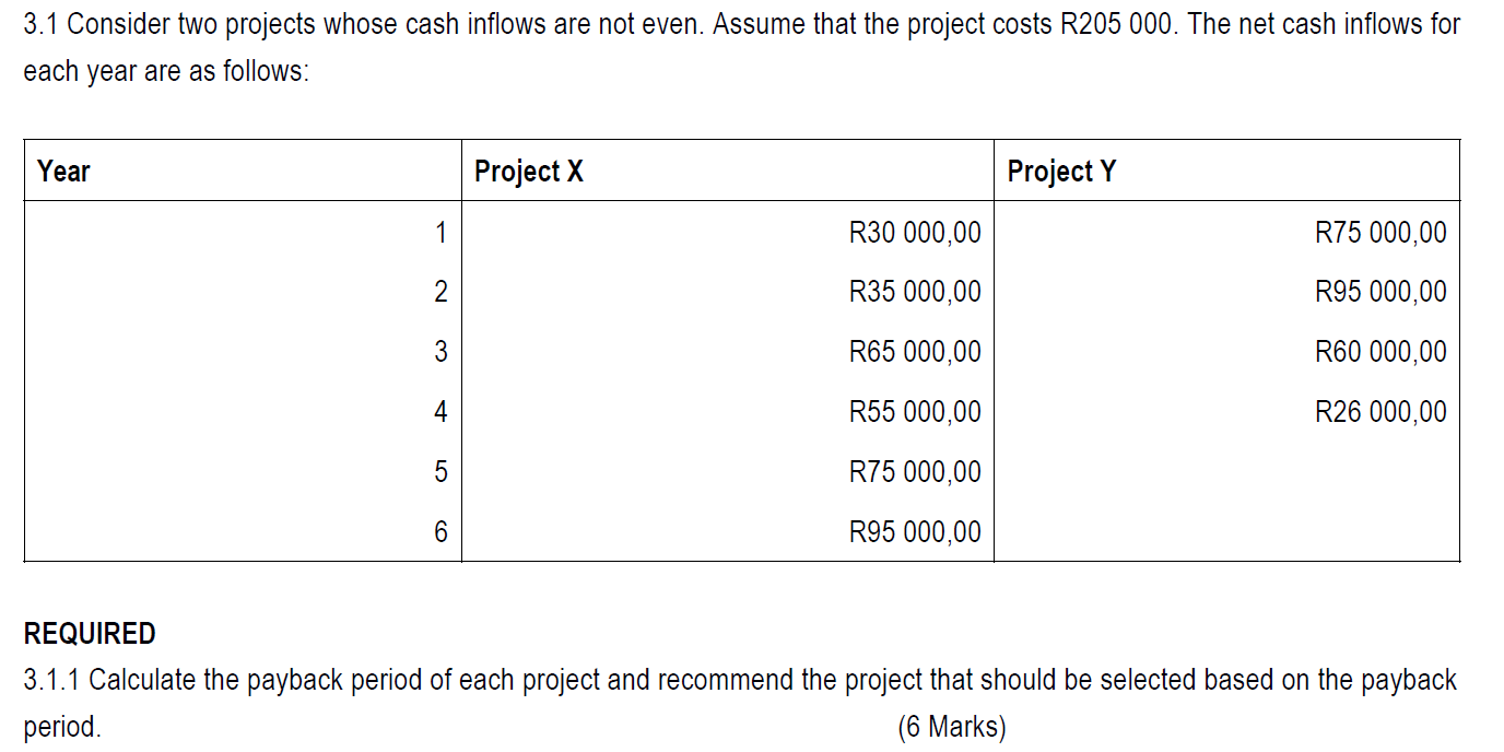  3.1 Consider two projects whose cash inflows are not even. Assume