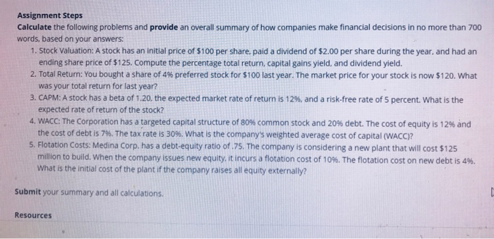  Assignment Steps Calculate the following problems and provide an overall summary