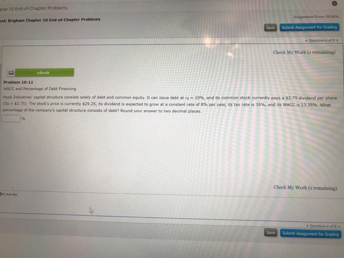  pter 10 End-of-Chapter Problems Assignment Score: 50.00% ent: Brigham Chapter 10