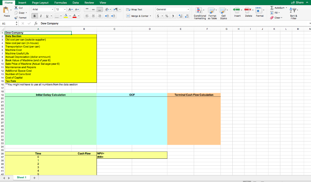 This assignment needs to be in Excel, please Capital Budgeting The Dew
