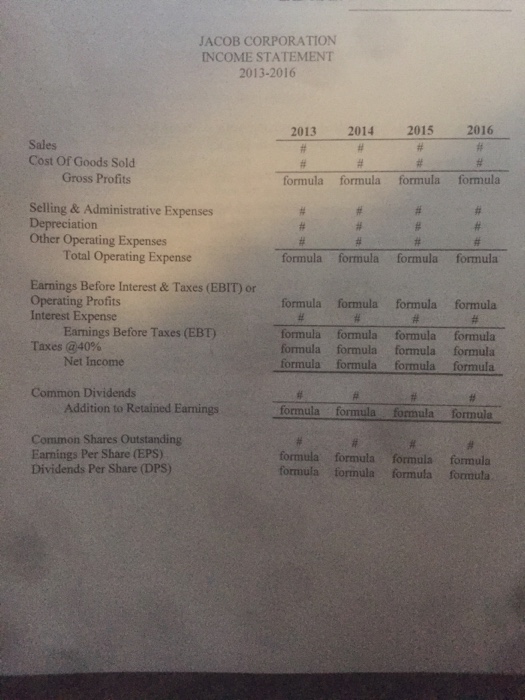 statement for JACOB for years 2013 through 2016 based on the following