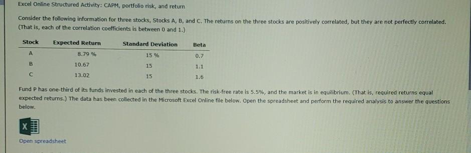Excel Online Structured Activity: CAPM, portfolio risk, and return Consider the
