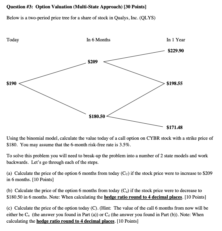  Question #3: Option Valuation (Multi-State Approach)[30 Points] Below is a two-period