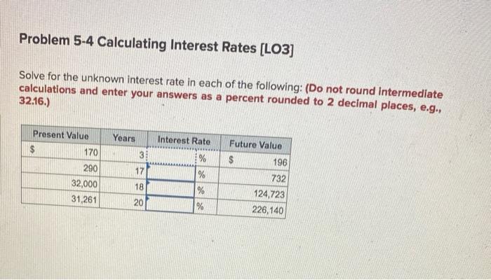  Problem 5-4 Calculating Interest Rates (LO3] Solve for the unknown interest