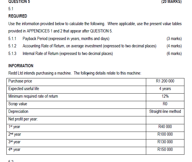 QUESTION 5 (20 MARKS) 5.1 REQUIRED Use the information provided below
