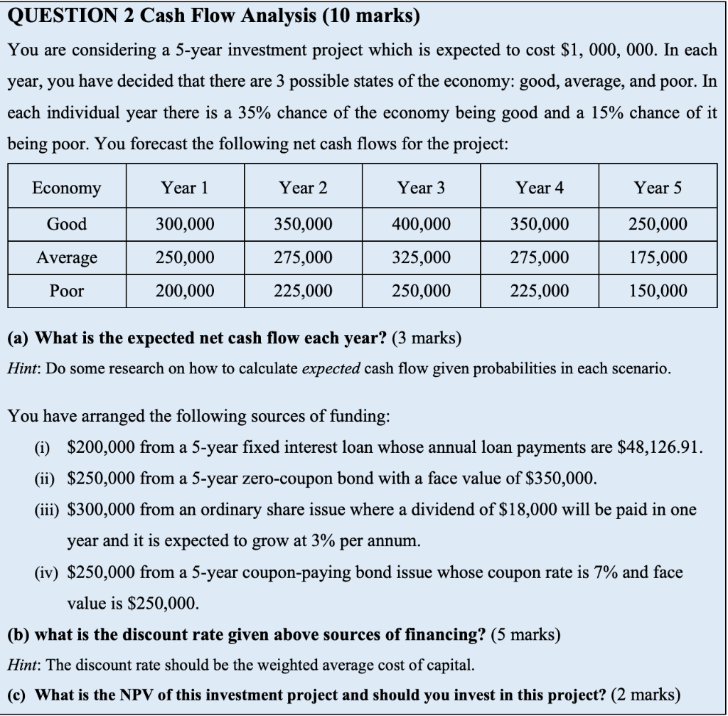  QUESTION 2 Cash Flow Analysis (10 marks) You are considering a