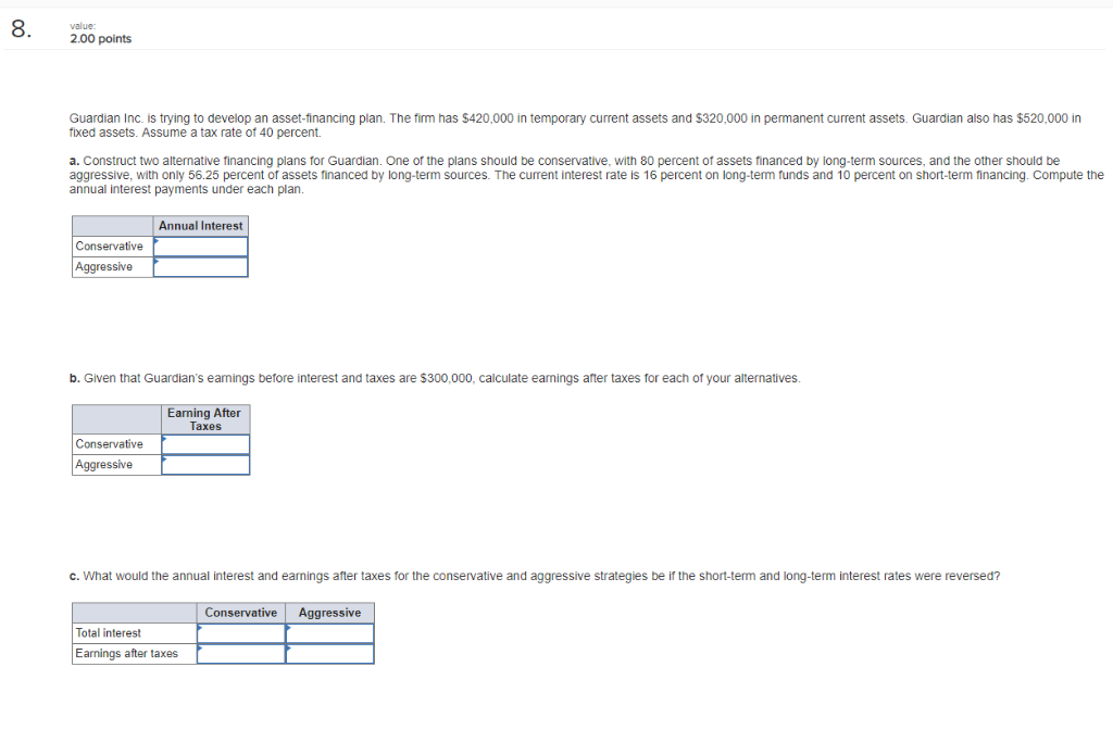 Guardian Inc. is trying to develop an asset-financing plan. The firm has