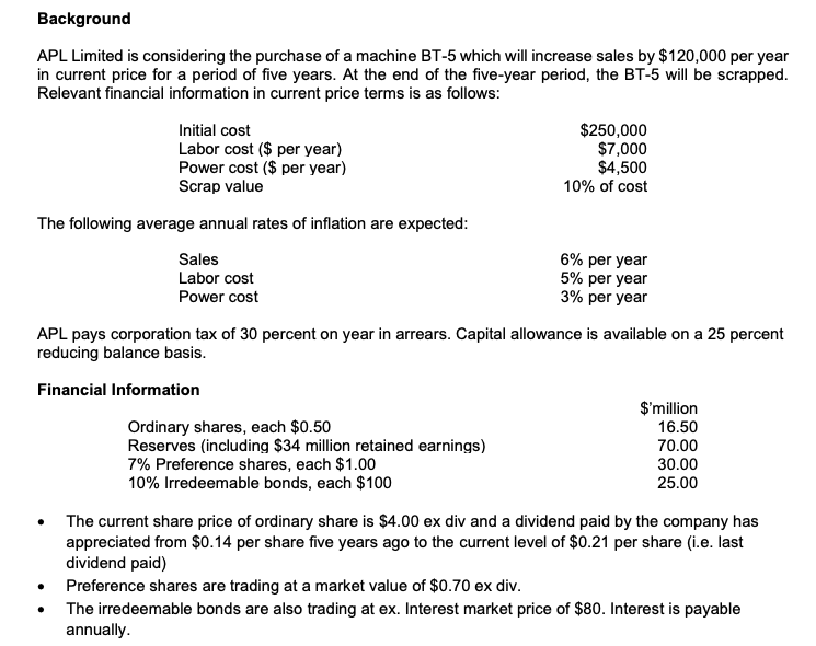 Construct the tax payable schedule for APL: Background APL Limited is considering