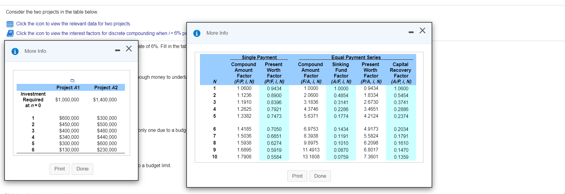 Consider the two projects in the table below. Click the icon