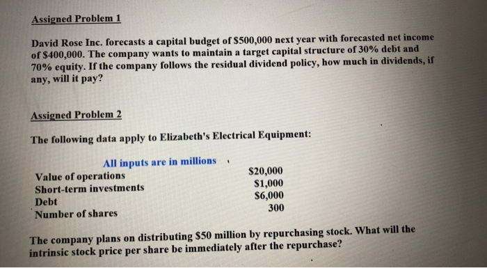  Assigned Problem 1 David Rose Inc. forecasts a capital budget of