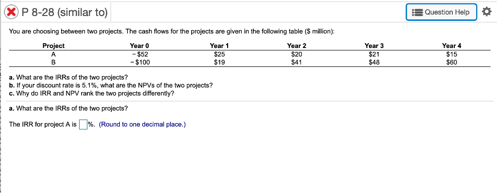 You are choosing between two projects. The cash flows for the