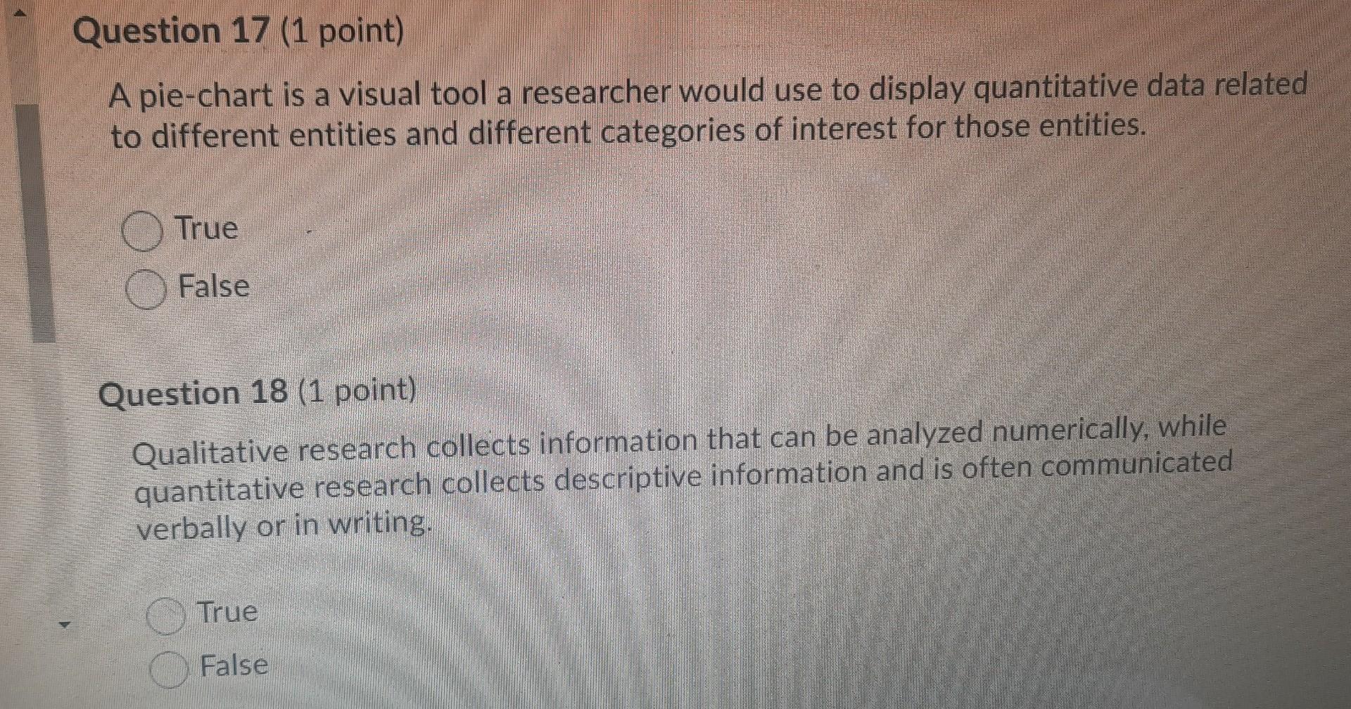  Question 17 (1 point) A pie-chart is a visual tool a