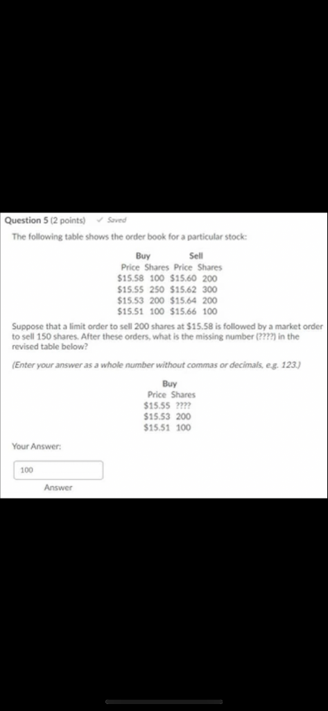 Question 5 (2 points) Saved The following table shows the order