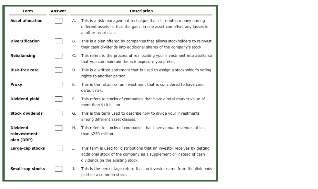 Term Answer Description A. This is a risk management technique that