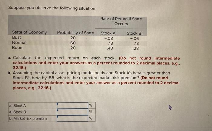 a. Calculate the expected return on each stock. (do not round intermediate