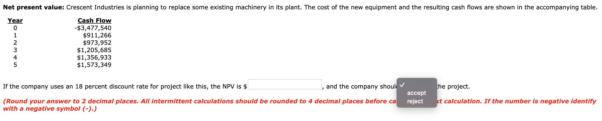  Net present value: Crescent Industries is planning to replace some existing