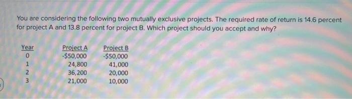  You are considering the following two mutually exclusive projects. The required